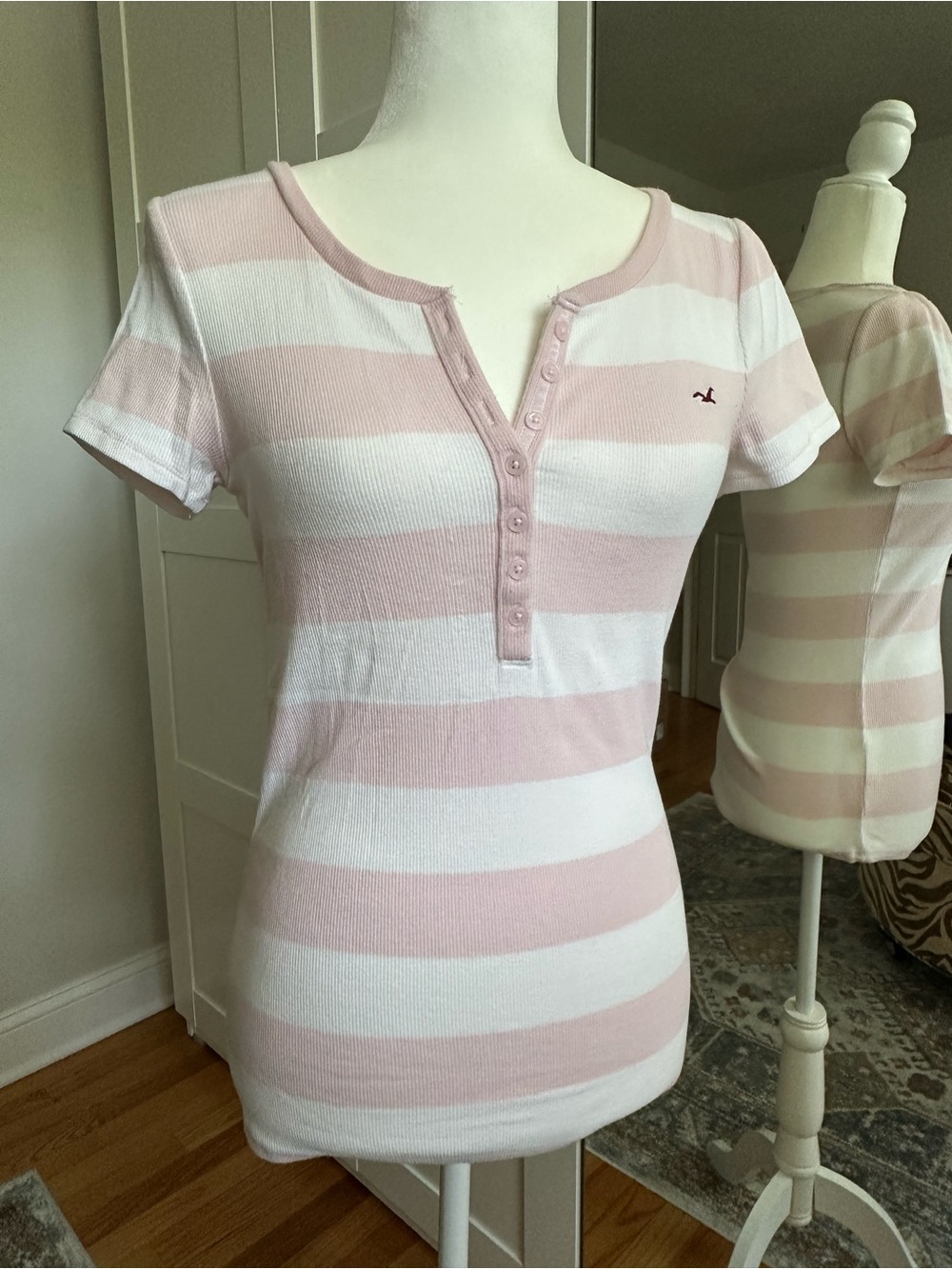 Hollister Striped Short-Sleeve Icon Henley Tee - Pink & White - Picture 2 of 3